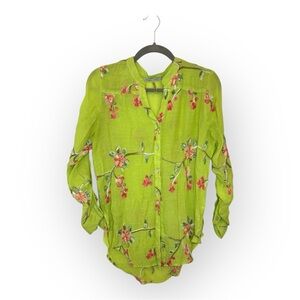 Figueroa & Flower Green Embroidered Boho Button Down Shirt Floral Top Medium